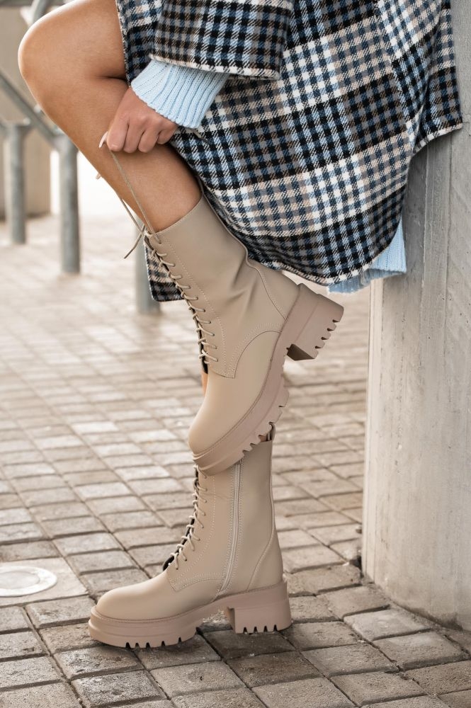 Leatherette Combat Boots With Heel