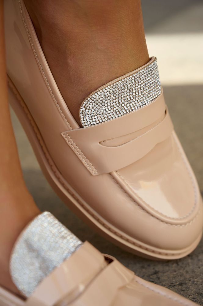 Patent Leather Loafers With Rhinestones