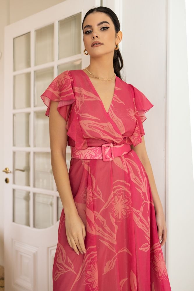Maxi Floral Dress With Ruffled Sleeves And Belt