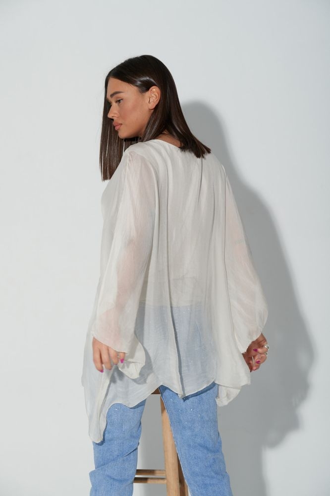Batwing Sleeve Blouse With V Neckline And Spangles