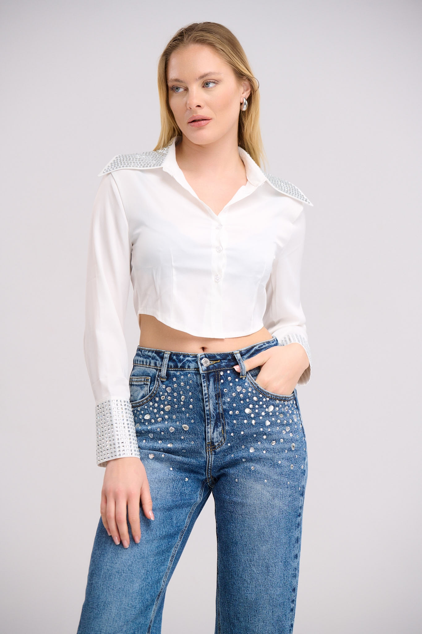 Crop Shirt With Rhinestones On The Collar And Sleeves