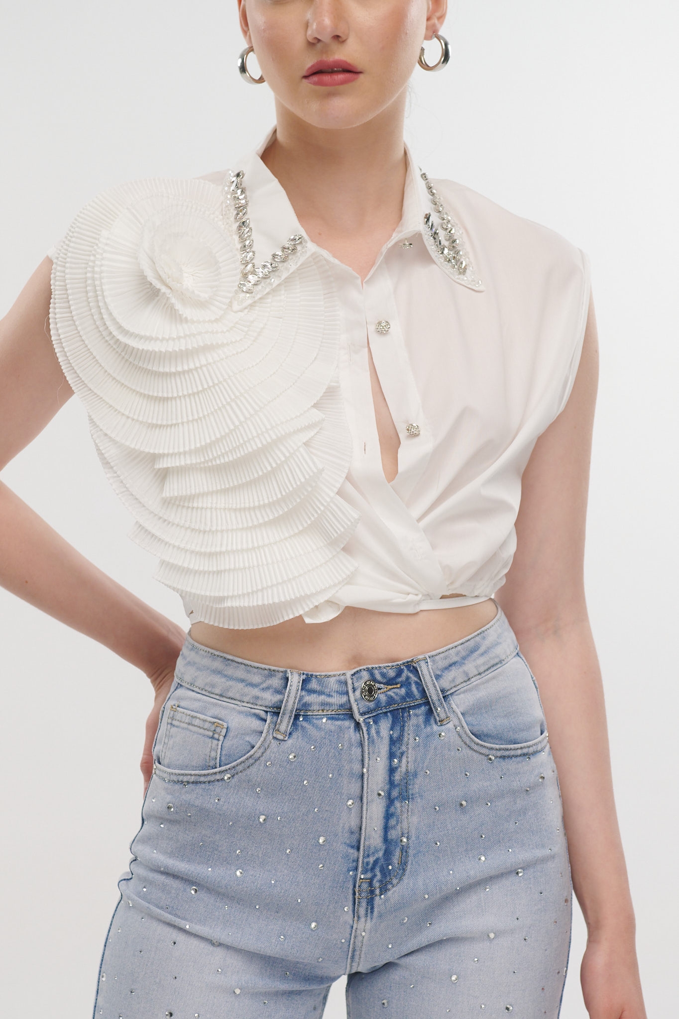 Crop Shirt With Rhinestones And 3D Flower