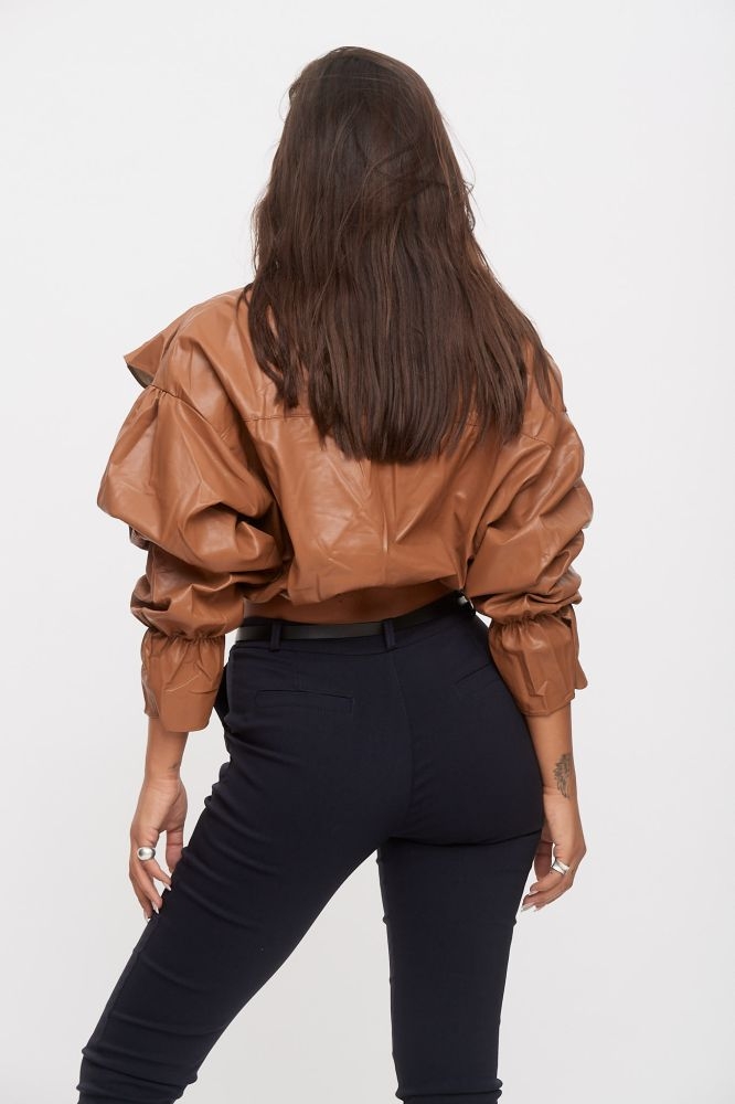 Ruffled PU Leather Jacket