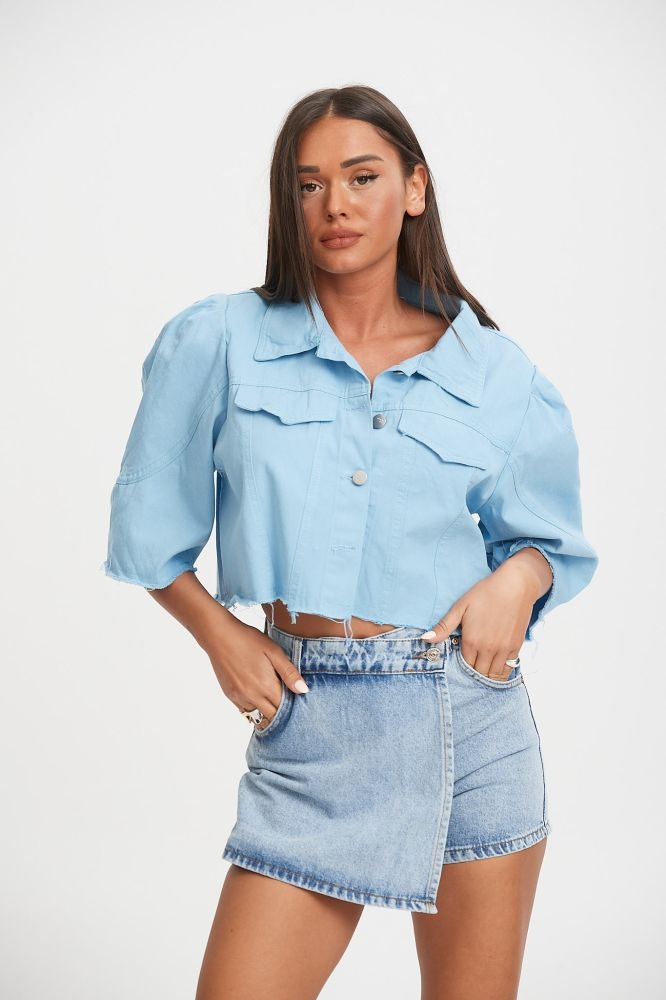 Denim Cropped Jacker With Puffy Sleeves