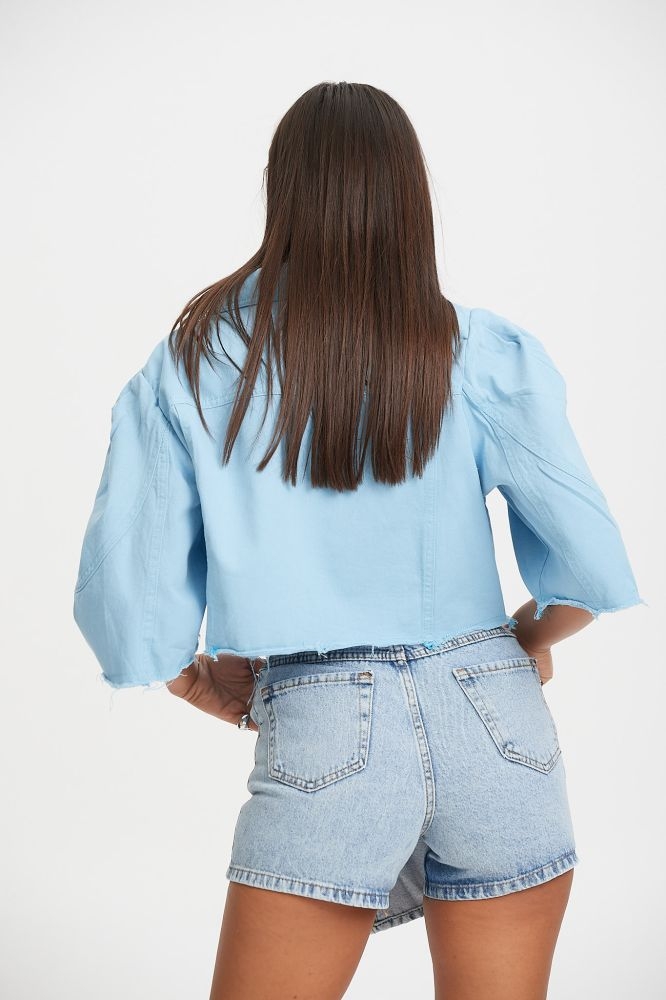 Denim Cropped Jacker With Puffy Sleeves