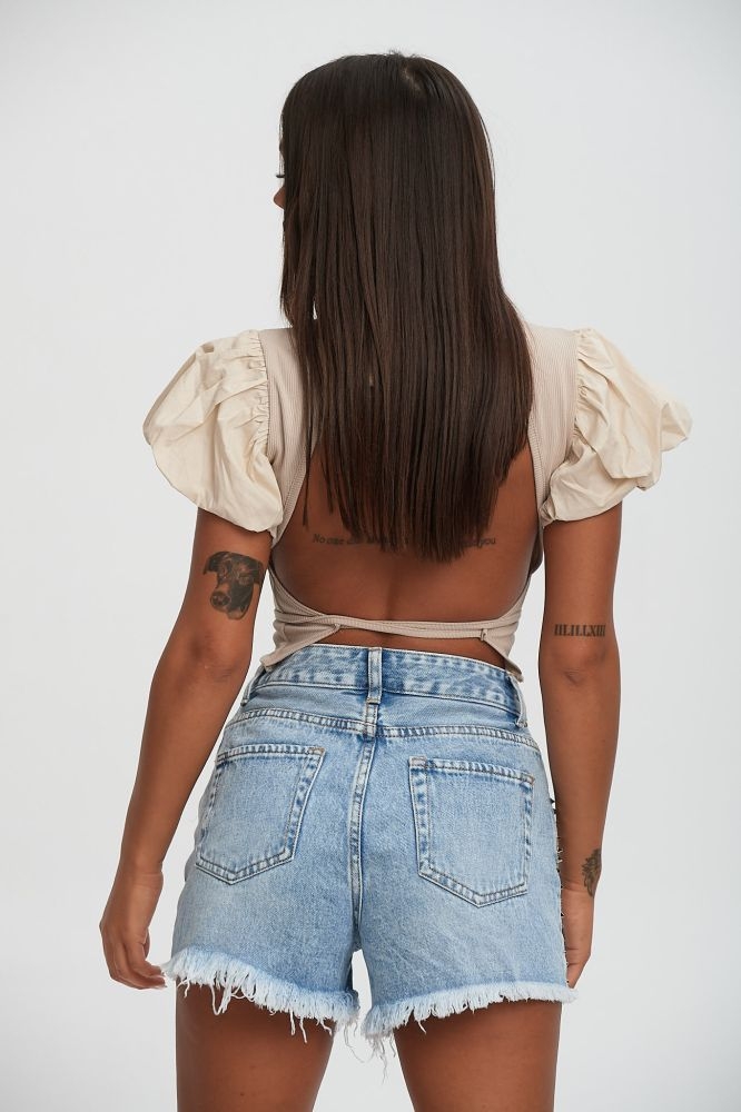 Backless Top With Puffy Sleeves