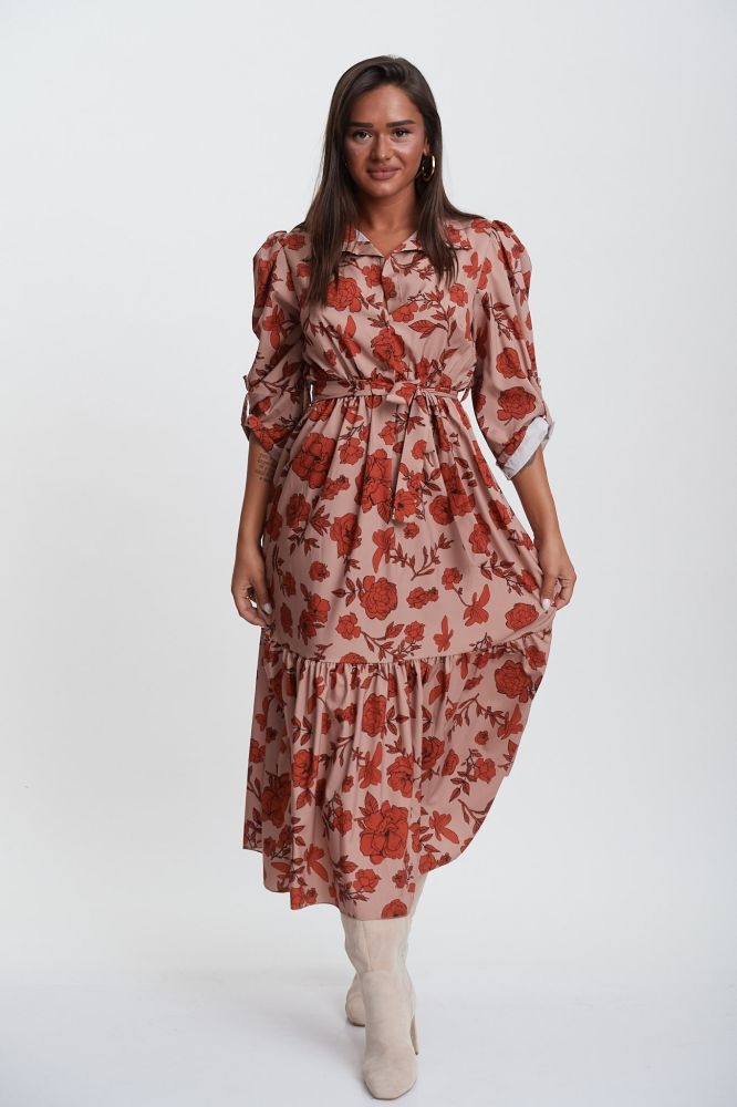 Φόρεμα Maxi Φλοράλ Με Γιακά & Ζώνη