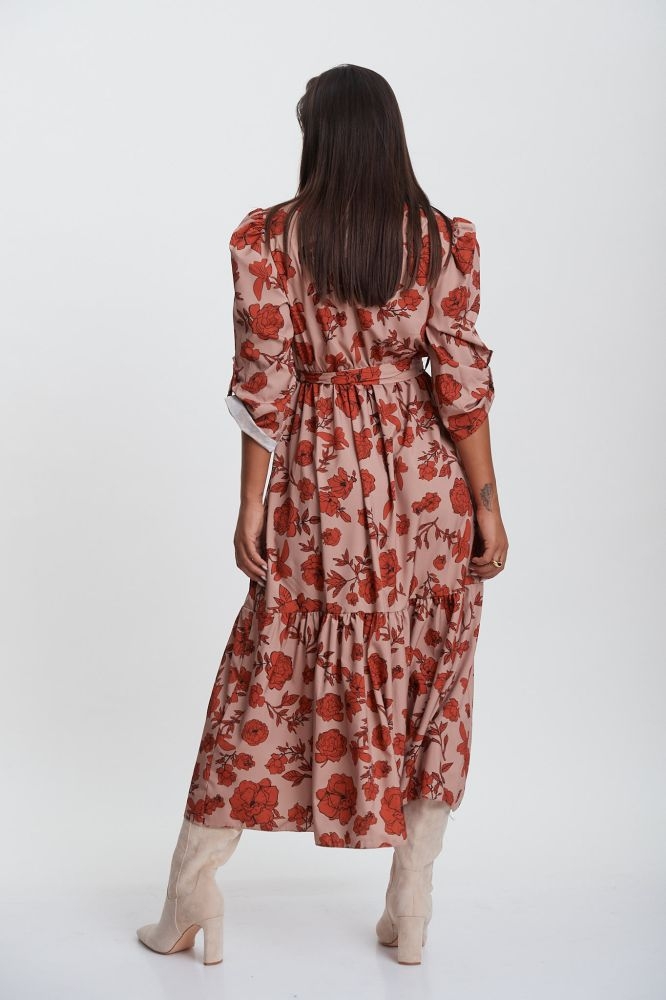 Φόρεμα Maxi Φλοράλ Με Γιακά & Ζώνη