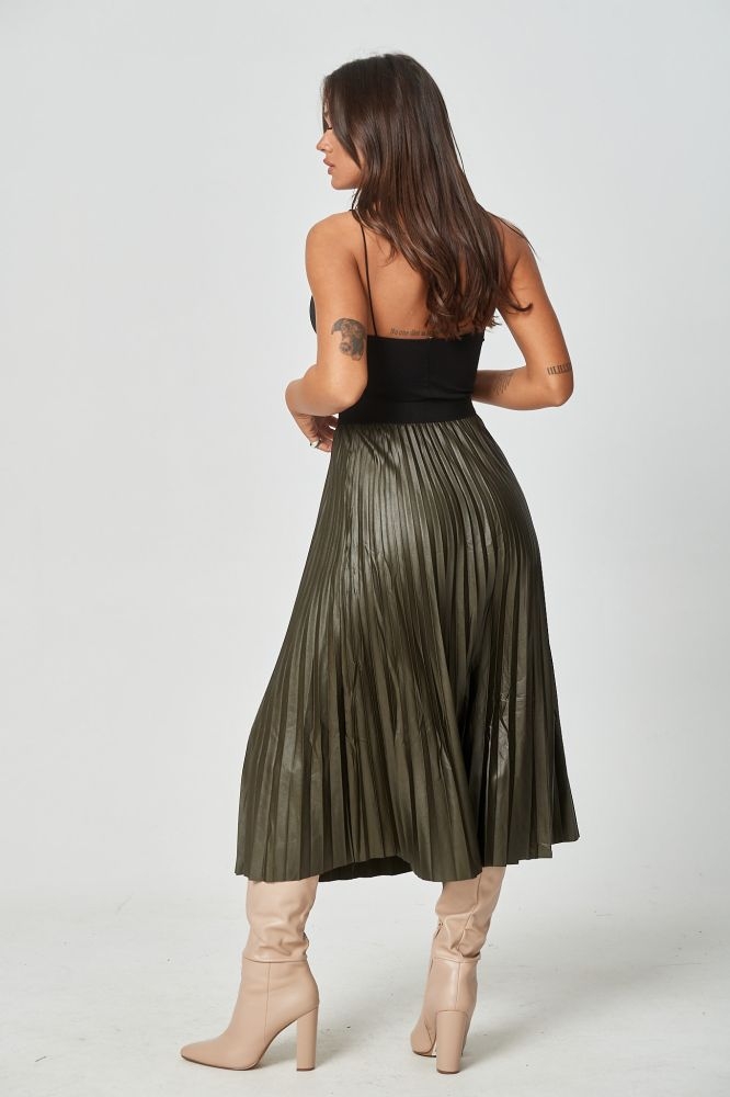 Pleated Vinyl Midi Skirt