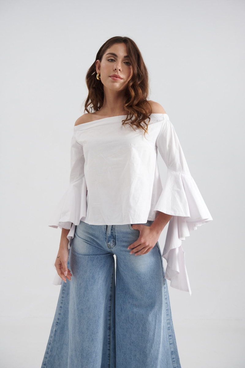 Off Shoulder Shirt With Ruffled Sleeves