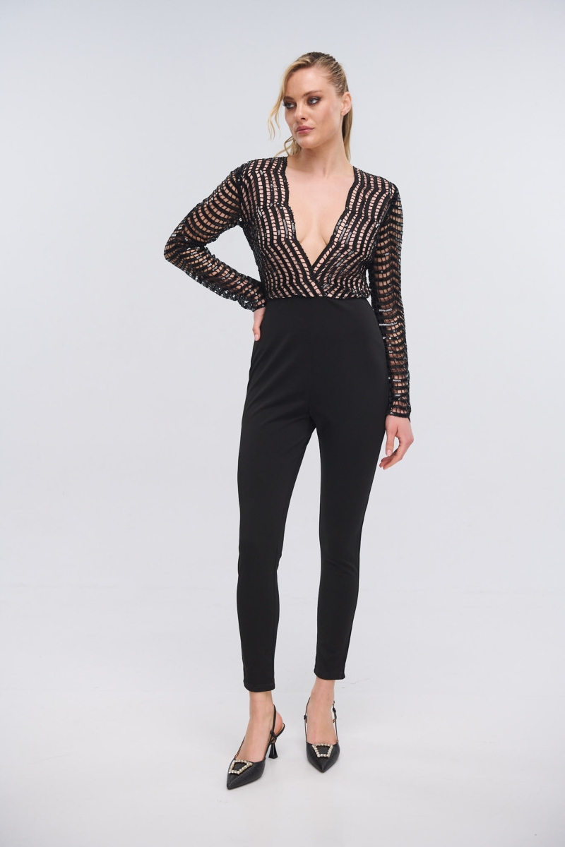 Jumpsuit With V Neckline And See-through Sleeves