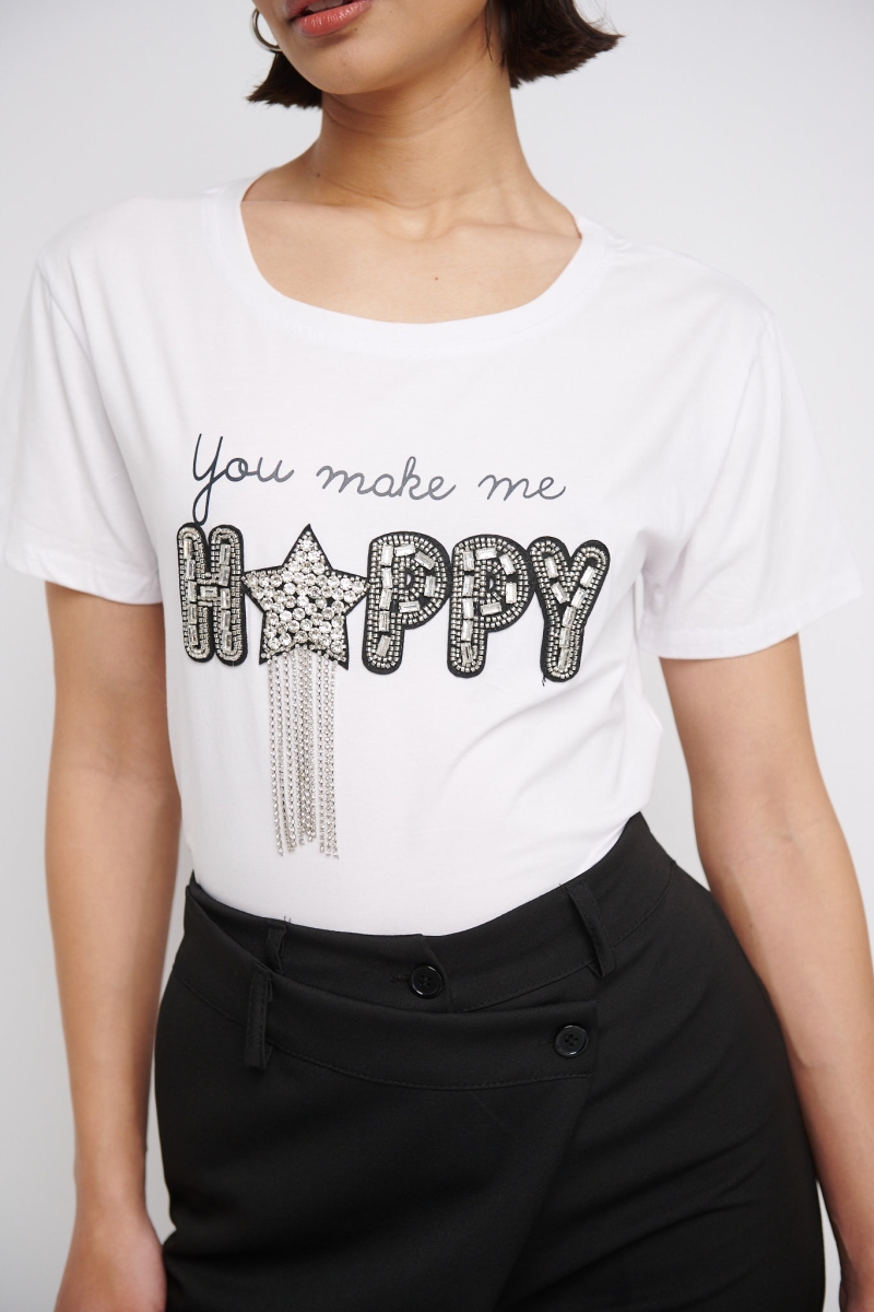 T-Shirt Happy Με Στρας
