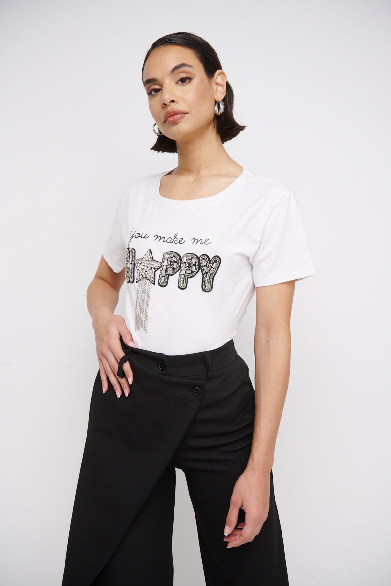 T-Shirt Happy Με Στρας