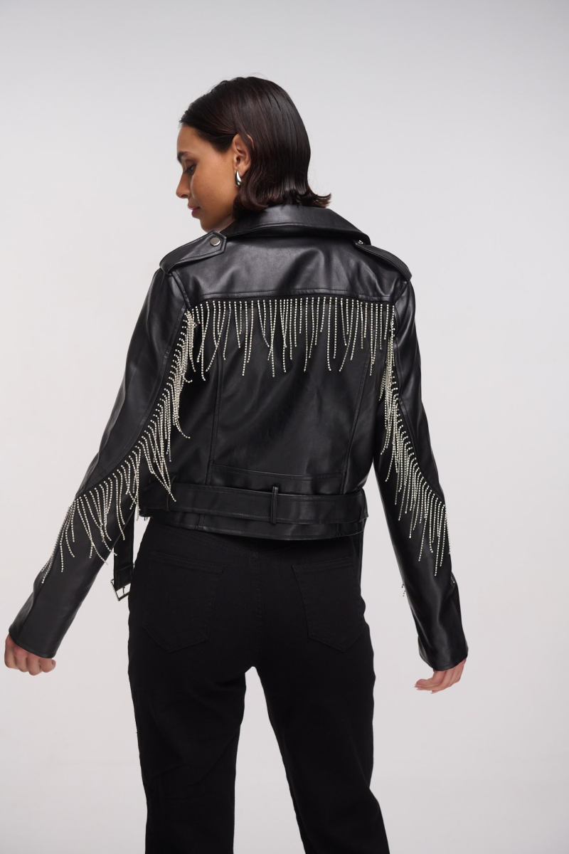 Leatherette Jacket With Hanging Rhinestones