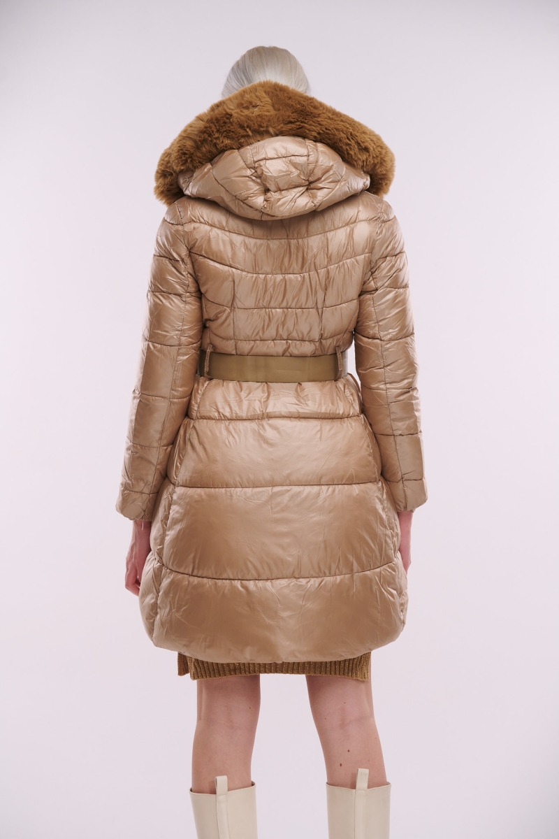Puffer Jacket With Leatherette Belt And Fur
