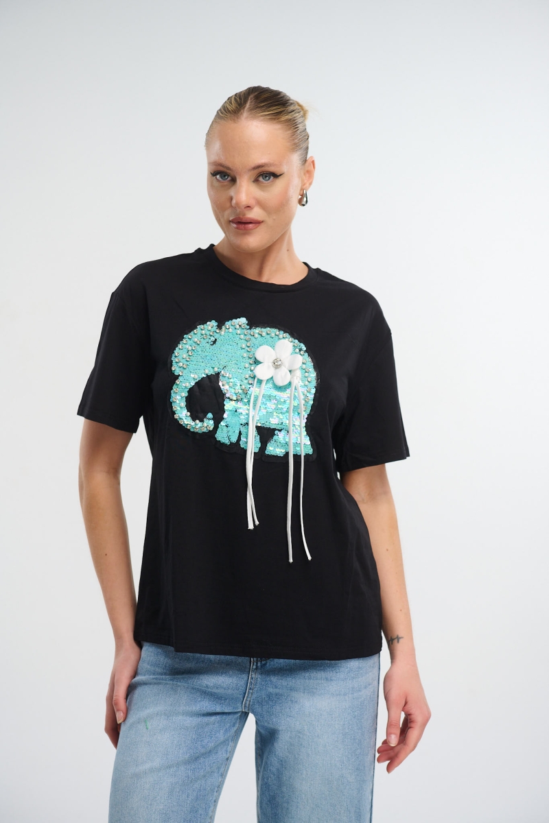 T-Shirt With Elephant Print And Rhinestones