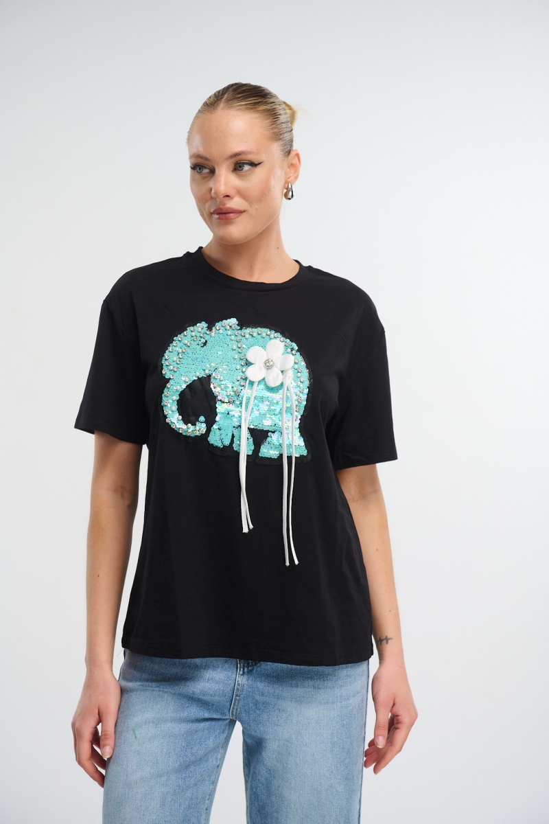 T-Shirt With Elephant Print And Rhinestones