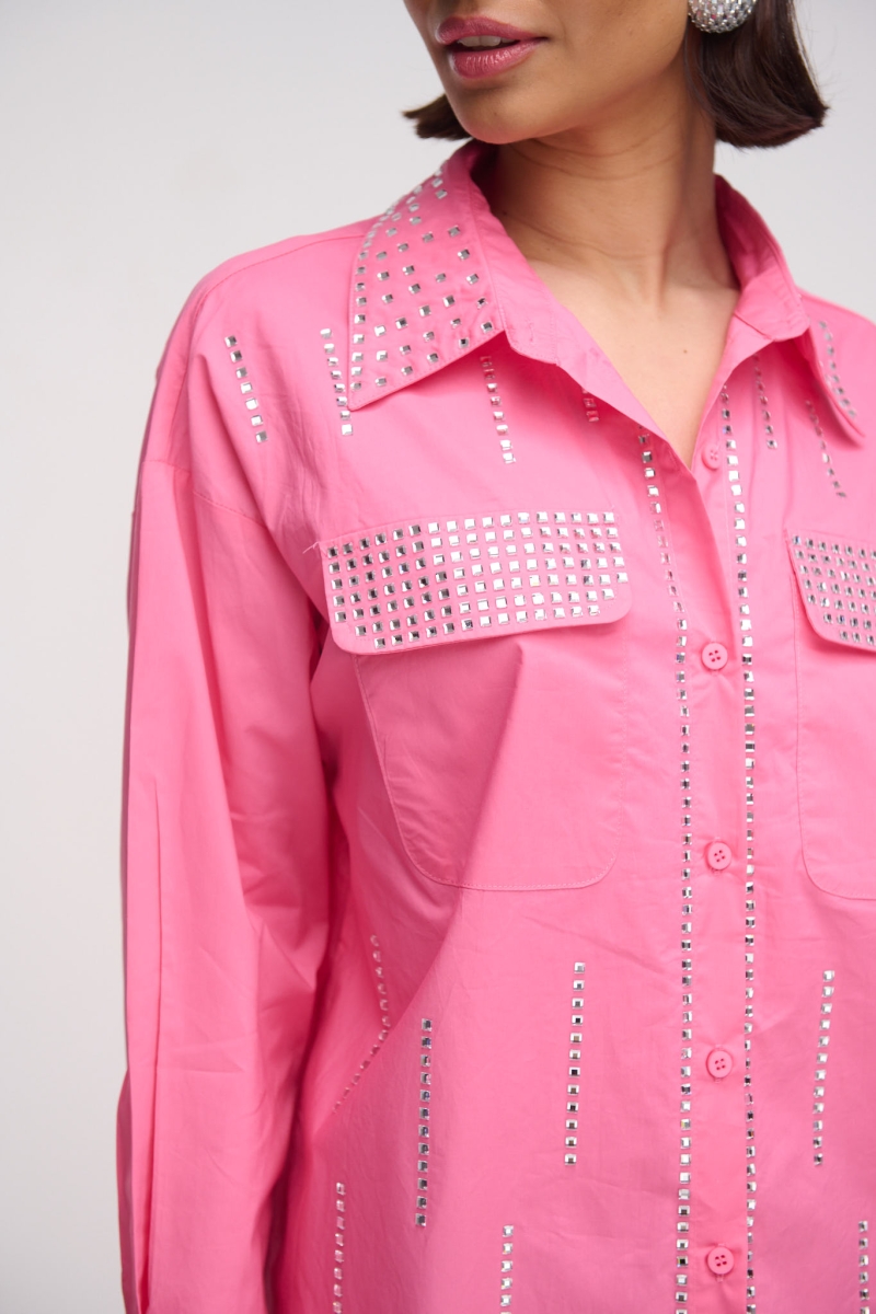 Shirt With Rhinestones On The Collar And Pockets