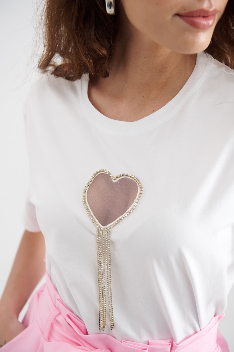 T-Shirt With Heart And Hanging Rhinestones
