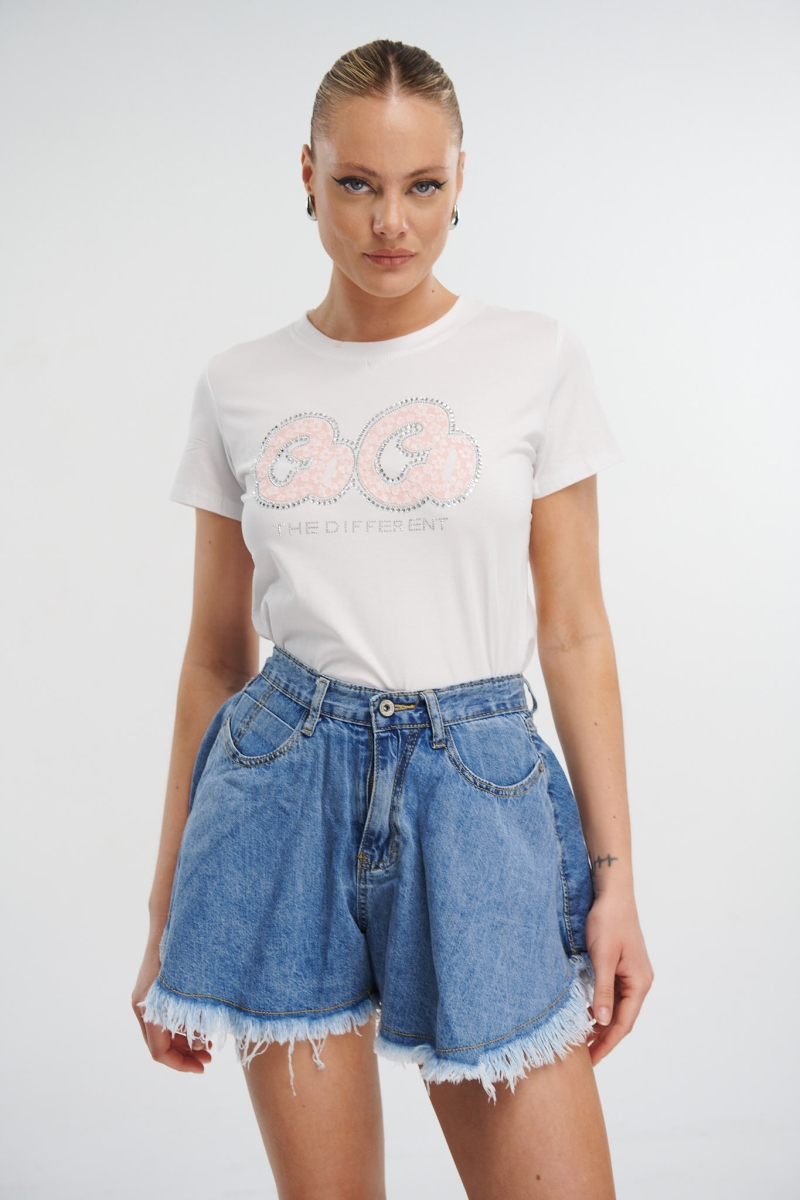 T-Shirt With Rhinestones And Letter Print