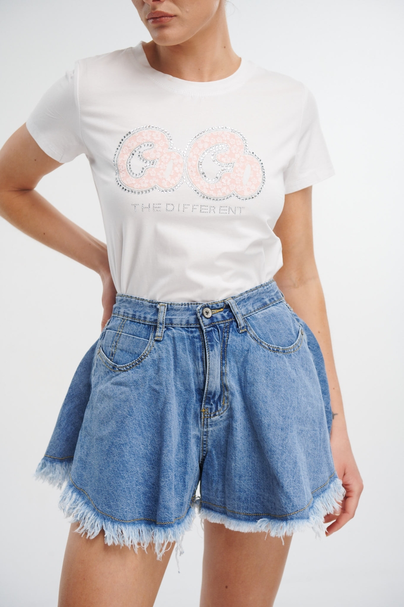 T-Shirt With Rhinestones And Letter Print