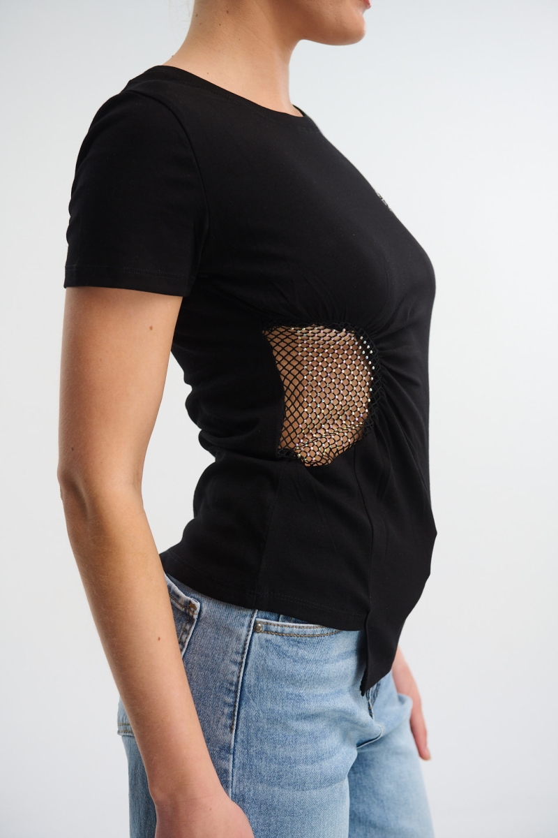 T-Shirt With Fishnet And Rhinestones