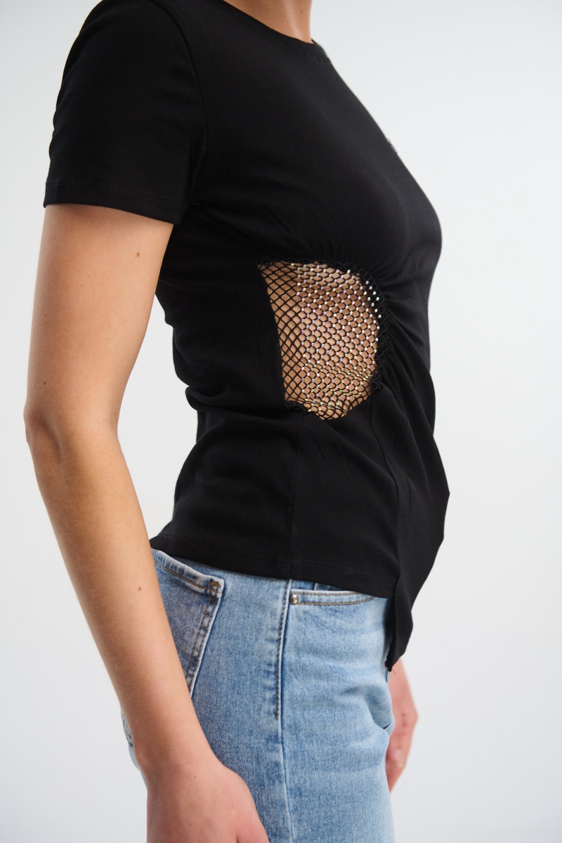 T-Shirt With Fishnet And Rhinestones