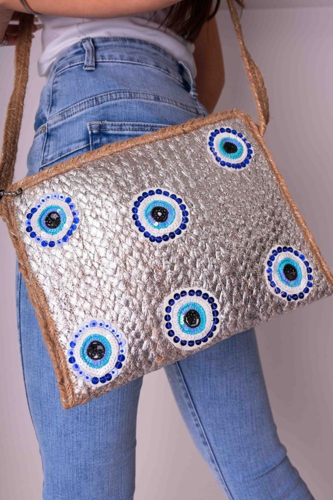 Straw Bag With Strap And Eye Print