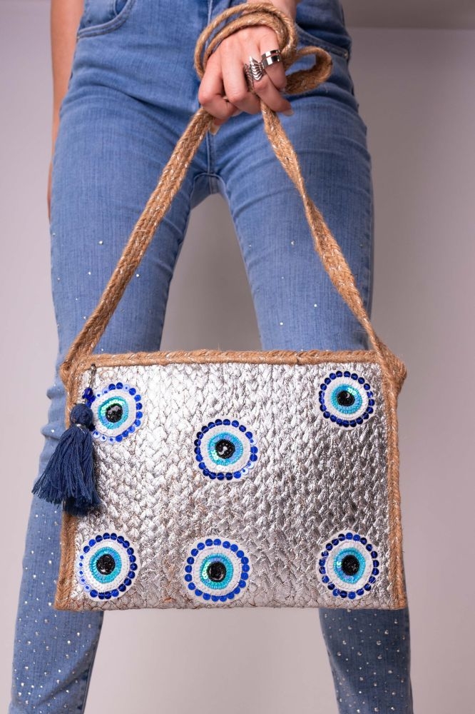 Straw Bag With Strap And Eye Print