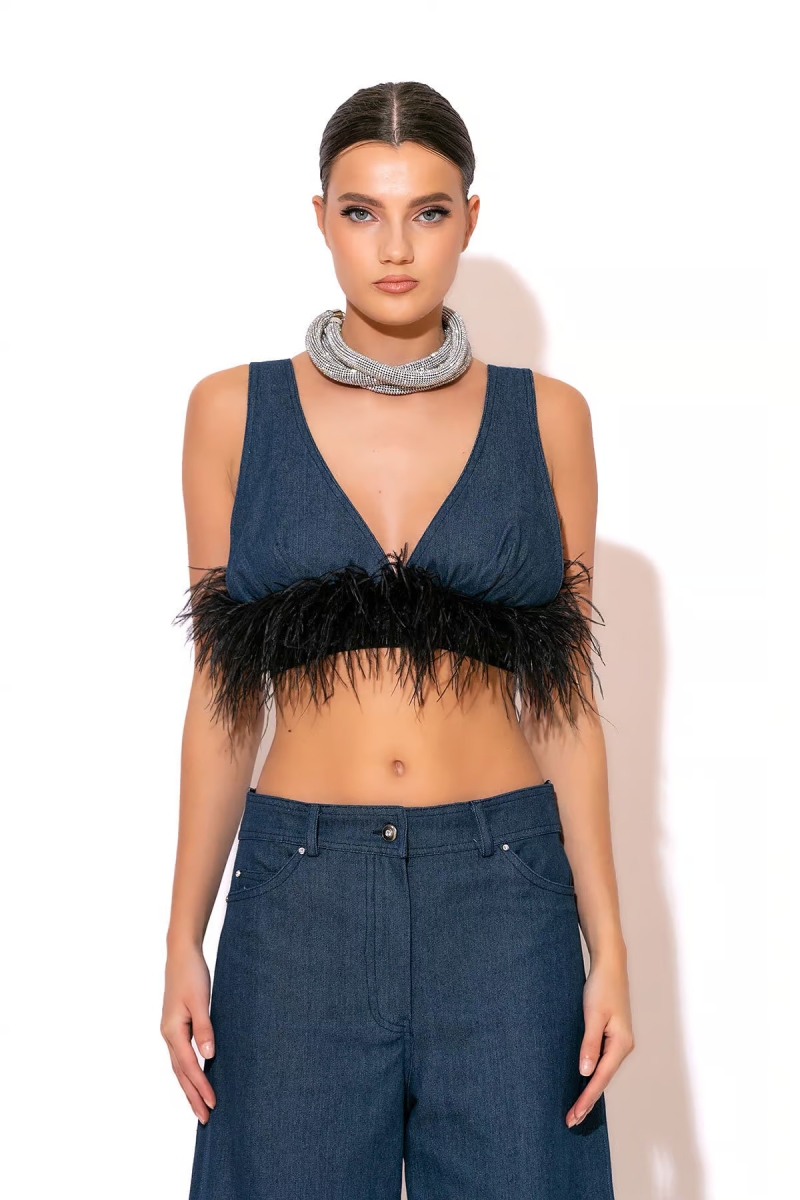 Denim Top With Feathers CTHROU