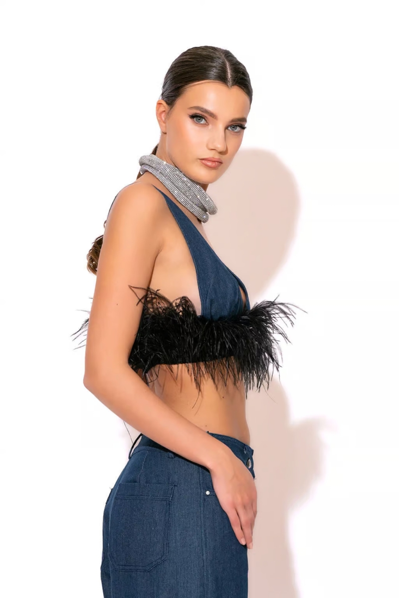 Denim Top With Feathers CTHROU