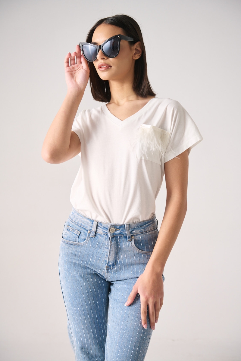 T-Shirt With V Neckline And Feathers On The Pocket