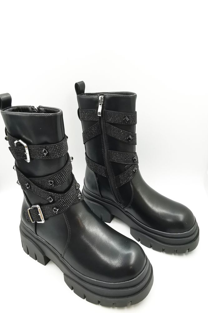 Combat Boots With Shiny Wrap Stripes