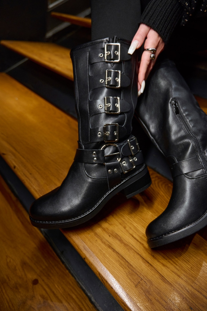 Leatherette Boots With Side Belts