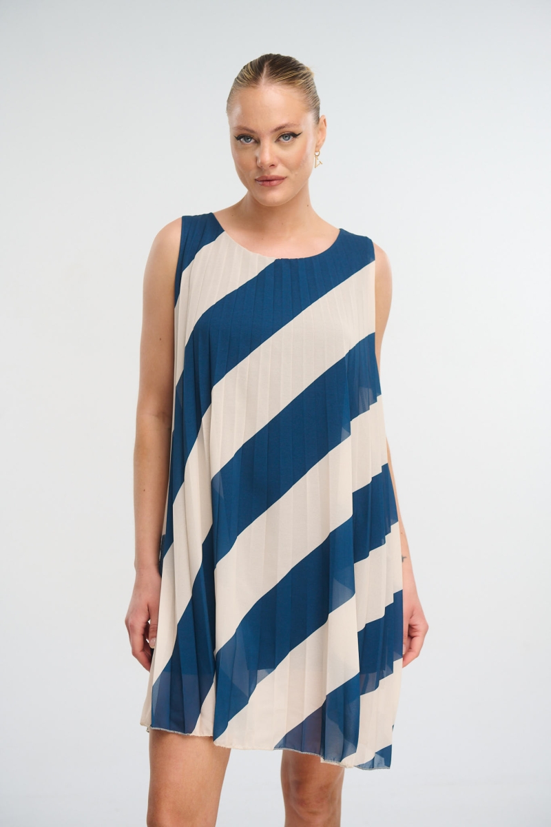 Pleated Sleeveless Dress With Stripes 