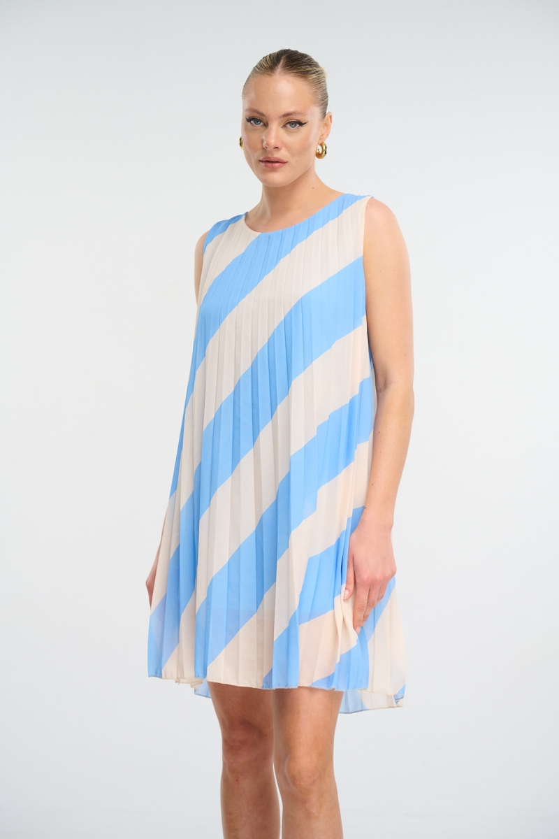 Pleated Sleeveless Dress With Stripes 