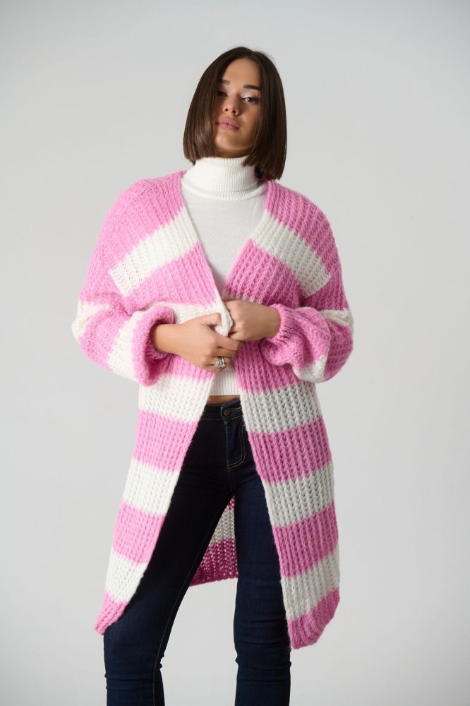 Striped Long Fluffy Knitted Cardigan