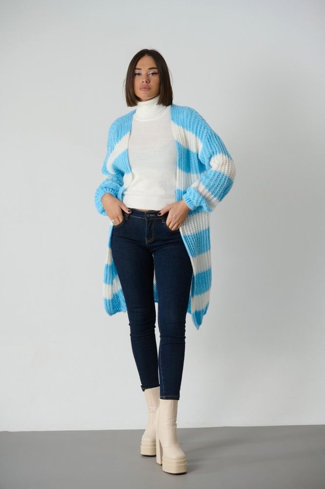 Striped Long Fluffy Knitted Cardigan