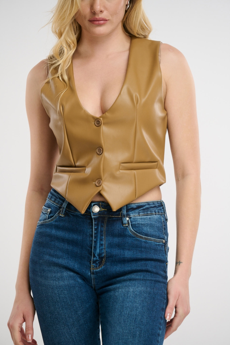 Leatherette Crop Vest With Buttons