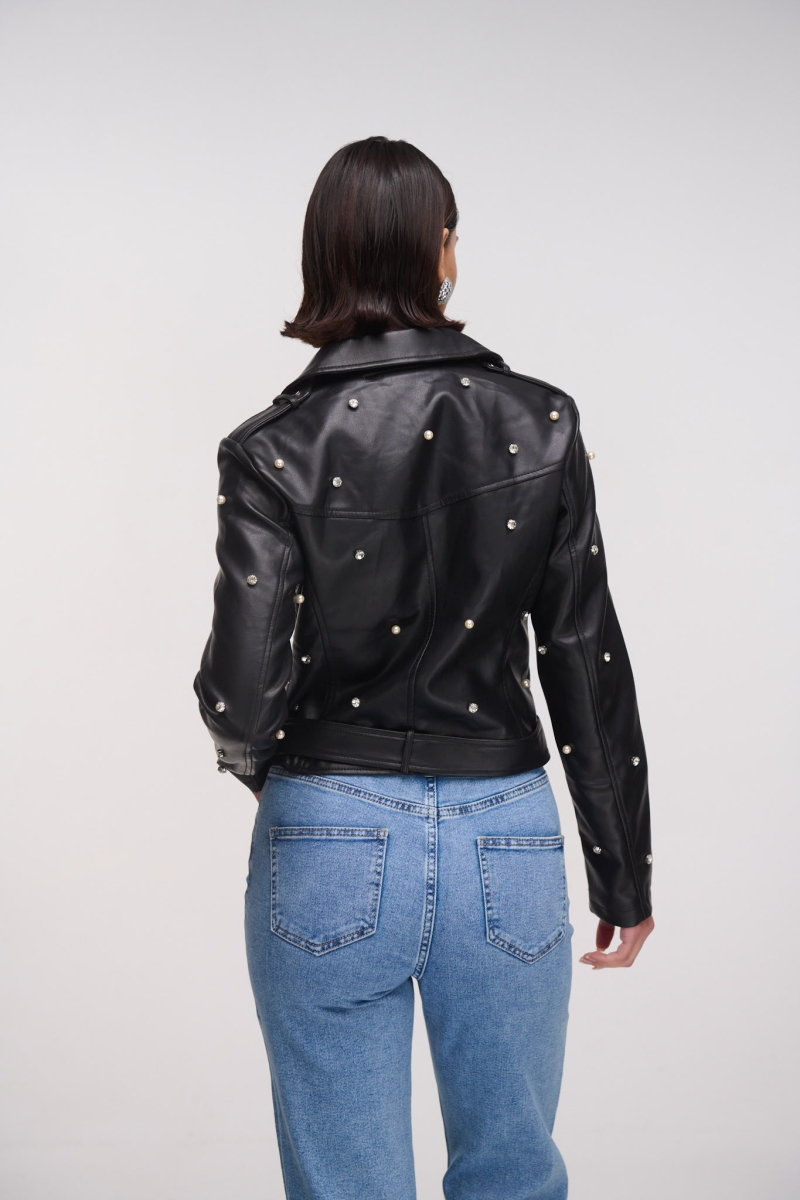 Leatherette Jacket With Pearls And Rhinestones