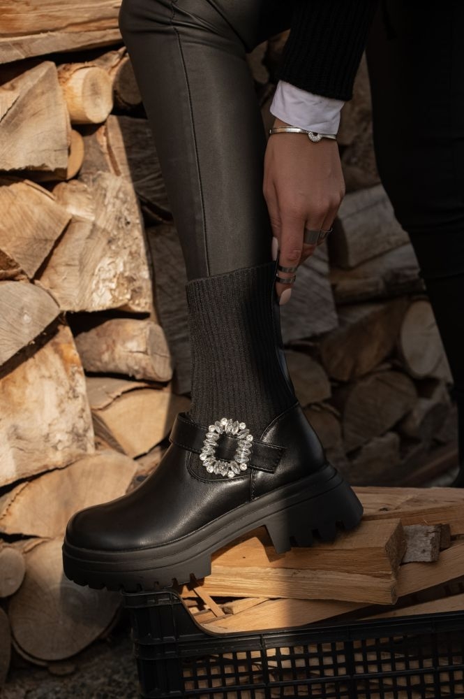 Stocking Combat Boot With Shiny Buckle