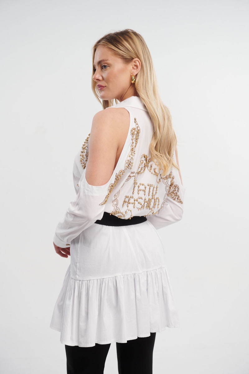 Off Shoulder Shirt With Beams And Rhinestones